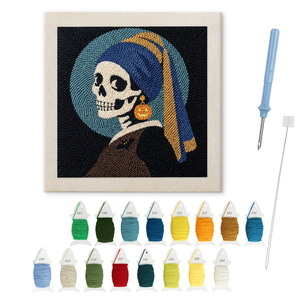 Skeleton with Pumpkin Earring punch needle kit: finished canvas with threads, punch needle and threader