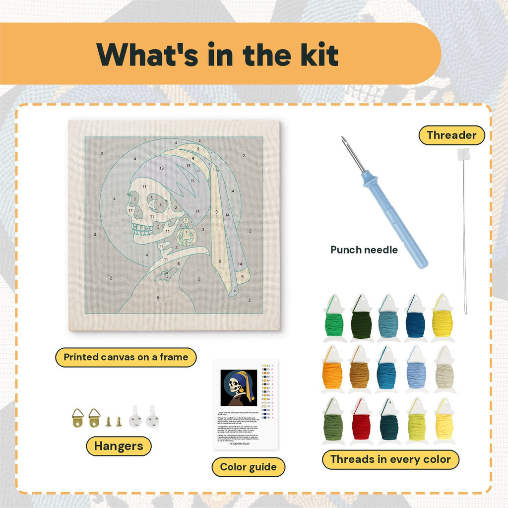 What is in the Skeleton with Pumpkin Earring kit: printed canvas, punch needle, threader, threads, color guide and hangers