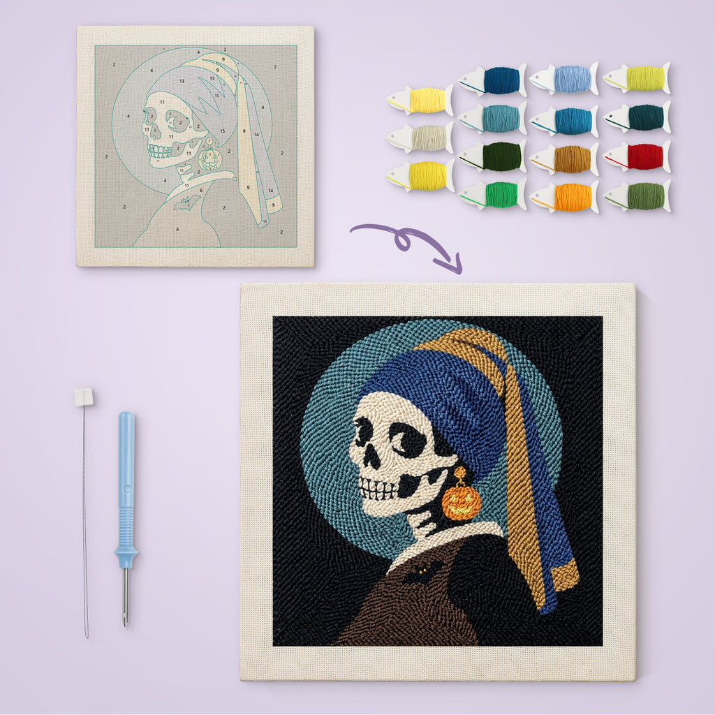 Skeleton with Pumpkin Earring canvas before and after punching, with the threads and tools