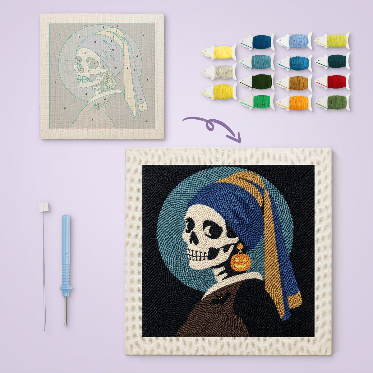 Skeleton with Pumpkin Earring canvas before and after punching, with the threads and tools