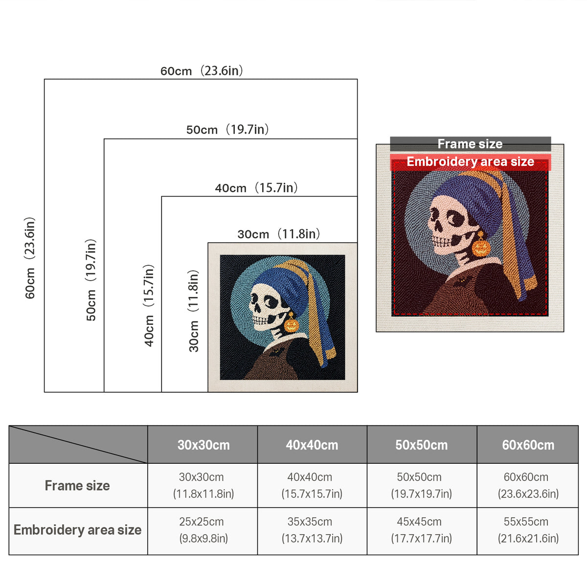 Size chart for square punch needle kits from 30 x 30 cm to 60 x 60 cm