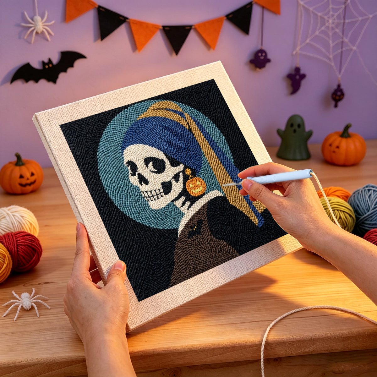 Punching the Skeleton with Pumpkin Earring design with the punch needle