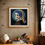 Finished Skeleton with Pumpkin Earring punch needle canvas on a wall