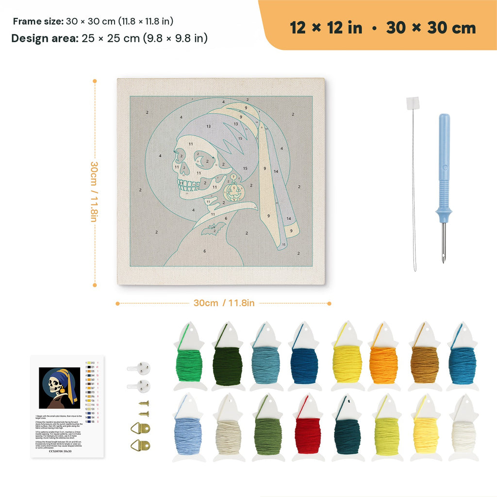 Skeleton with Pumpkin Earring punch needle kit, 12 × 12 in (30 × 30 cm): canvas size and kit contents