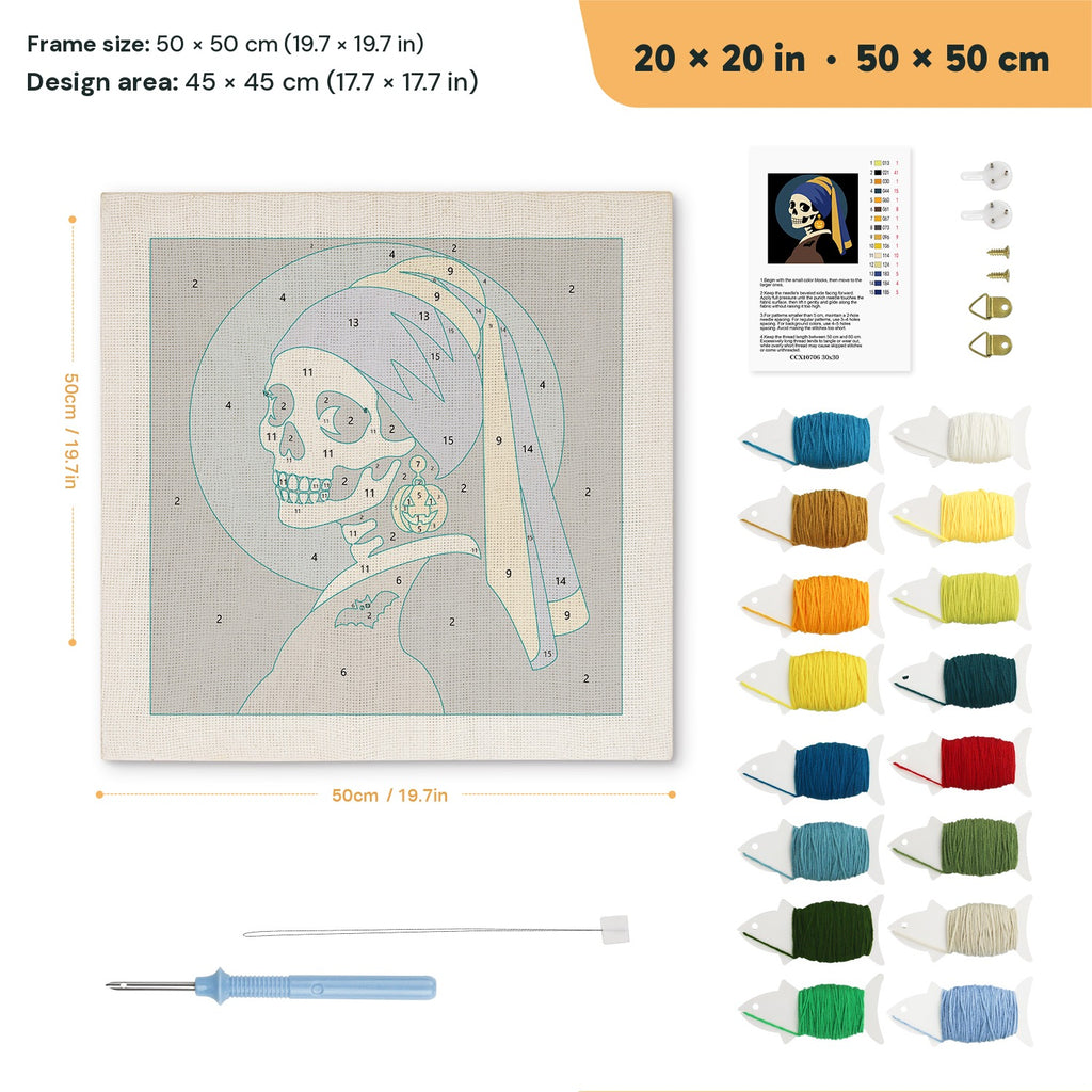 Skeleton with Pumpkin Earring punch needle kit, 20 × 20 in (50 × 50 cm): canvas size and kit contents