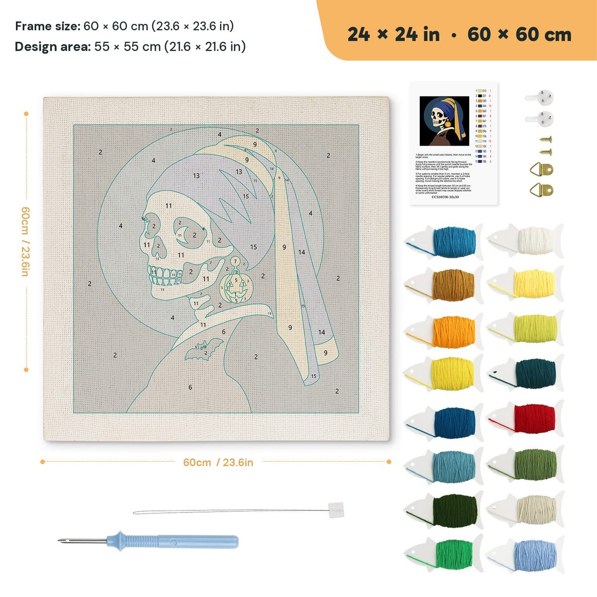 Skeleton with Pumpkin Earring punch needle kit, 24 × 24 in (60 × 60 cm): canvas size and kit contents