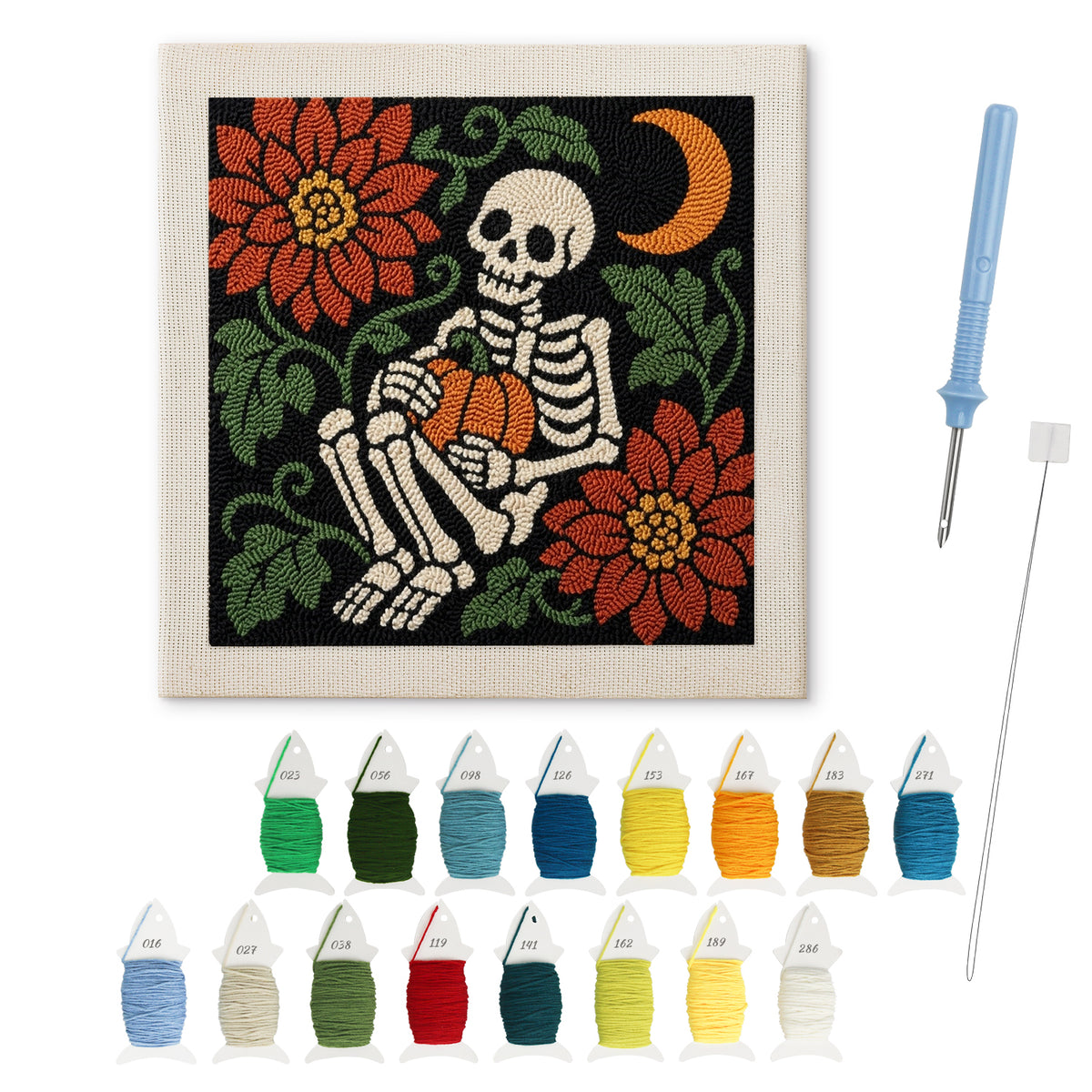 Skeleton with Pumpkin punch needle kit: finished canvas with threads, punch needle and threader