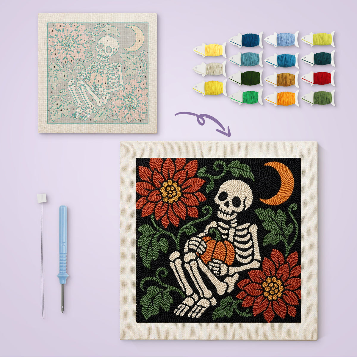 Skeleton with Pumpkin canvas before and after punching, with the threads and tools