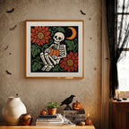Finished Skeleton with Pumpkin punch needle canvas on a wall