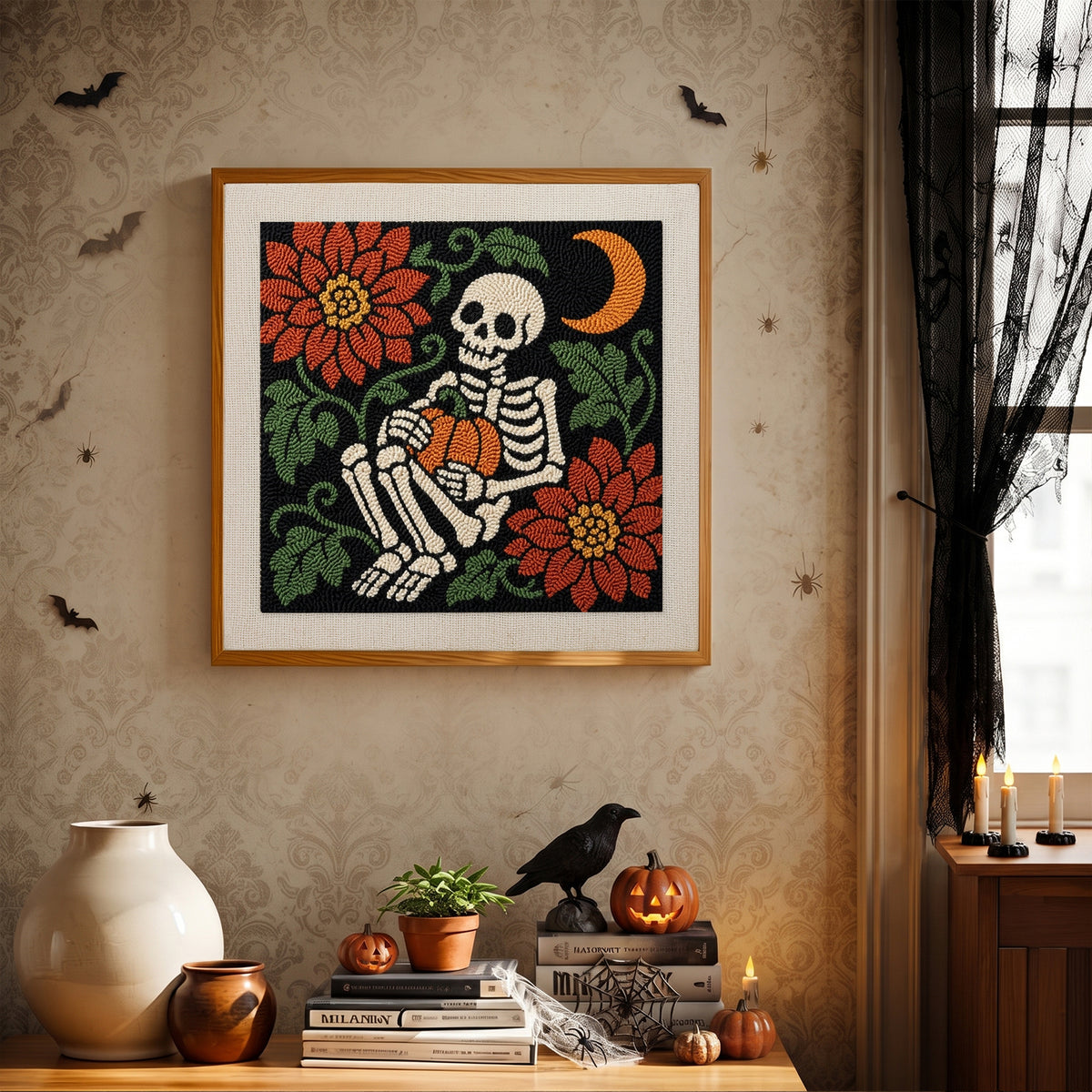 Finished Skeleton with Pumpkin punch needle canvas on a wall