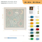 Skeleton with Pumpkin punch needle kit, 20 × 20 in (50 × 50 cm): canvas size and kit contents