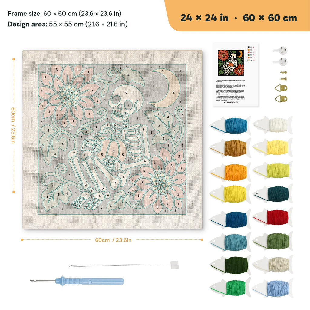 Skeleton with Pumpkin punch needle kit, 24 × 24 in (60 × 60 cm): canvas size and kit contents