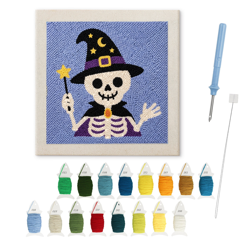 Skeleton Wizard punch needle kit: finished canvas with threads, punch needle and threader