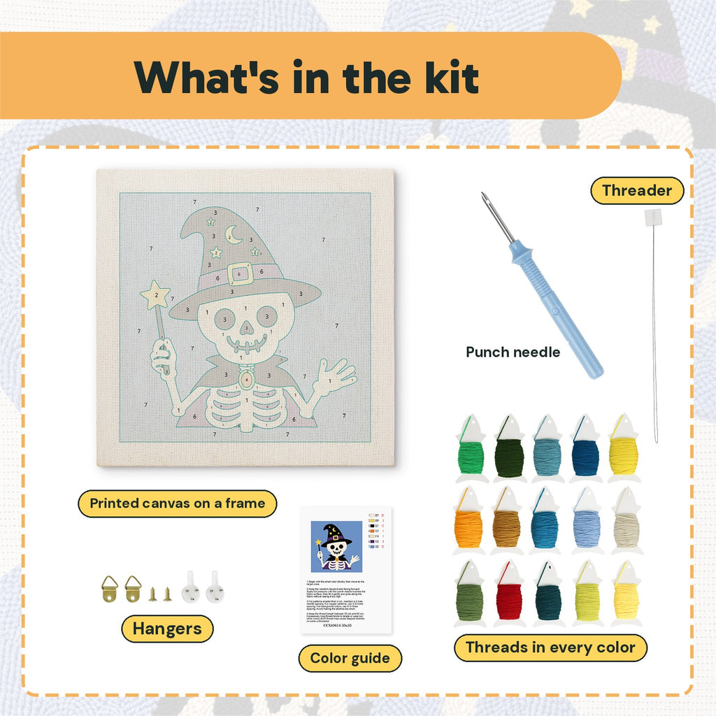 What is in the Skeleton Wizard kit: printed canvas, punch needle, threader, threads, color guide and hangers