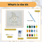 What is in the Skeleton Wizard kit: printed canvas, punch needle, threader, threads, color guide and hangers
