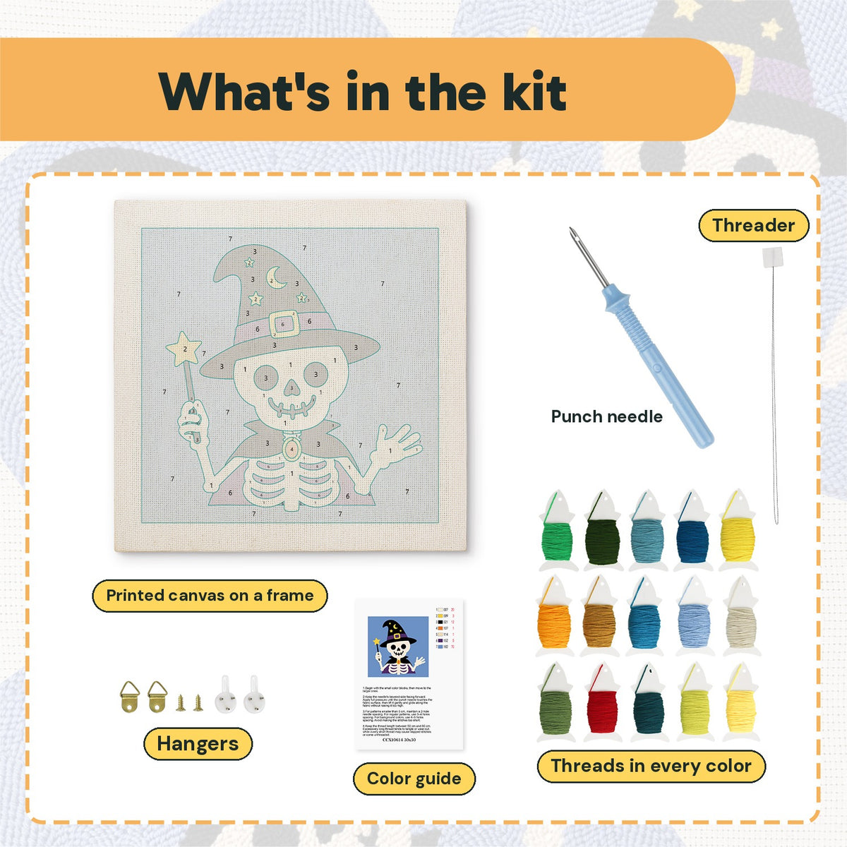 What is in the Skeleton Wizard kit: printed canvas, punch needle, threader, threads, color guide and hangers