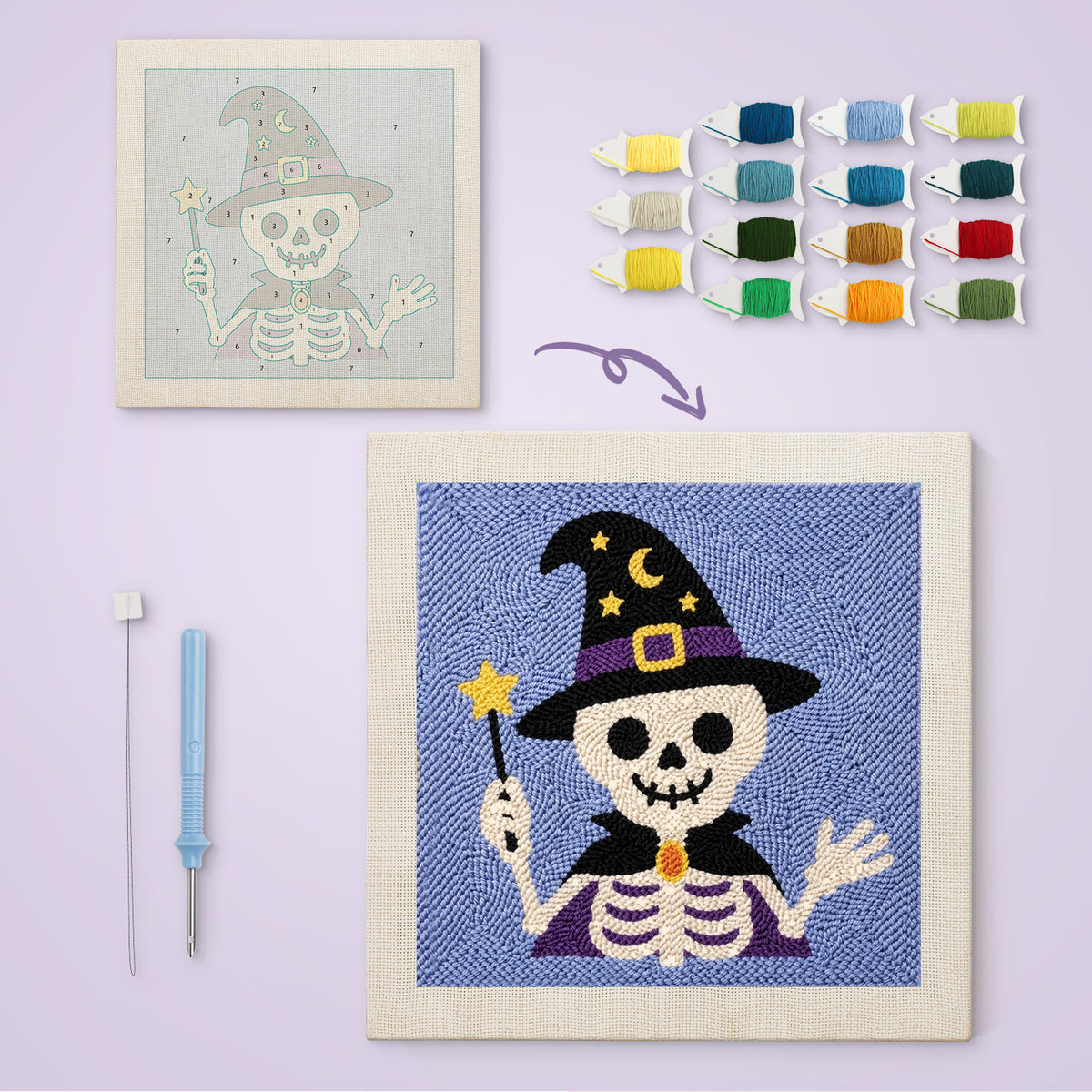 Skeleton Wizard canvas before and after punching, with the threads and tools