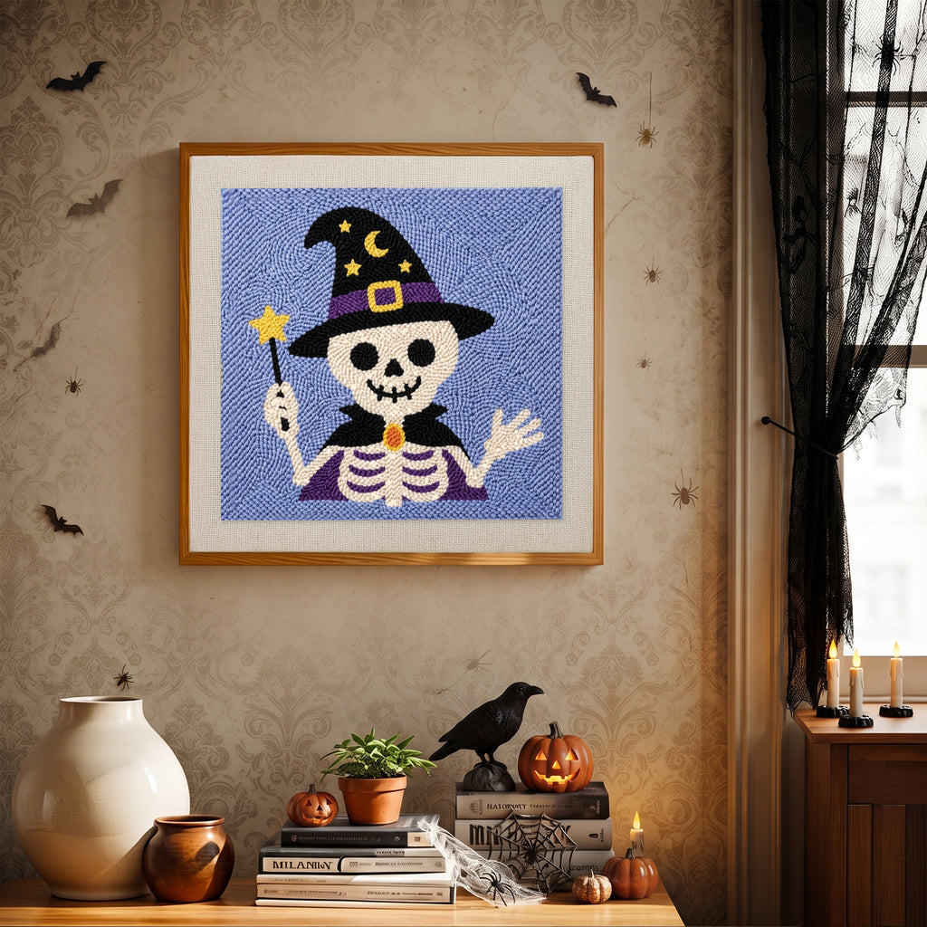 Finished Skeleton Wizard punch needle canvas on a wall