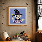 Finished Skeleton Wizard punch needle canvas on a wall