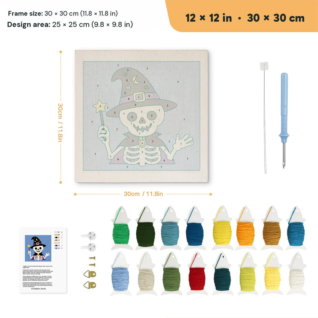 Skeleton Wizard punch needle kit, 12 × 12 in (30 × 30 cm): canvas size and kit contents
