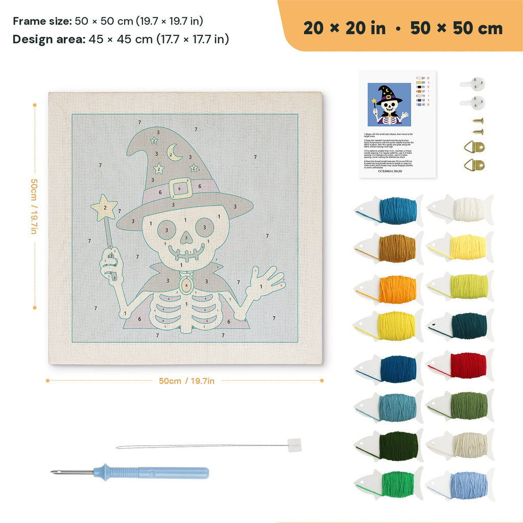 Skeleton Wizard punch needle kit, 20 × 20 in (50 × 50 cm): canvas size and kit contents