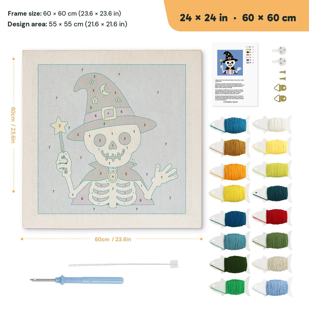 Skeleton Wizard punch needle kit, 24 × 24 in (60 × 60 cm): canvas size and kit contents