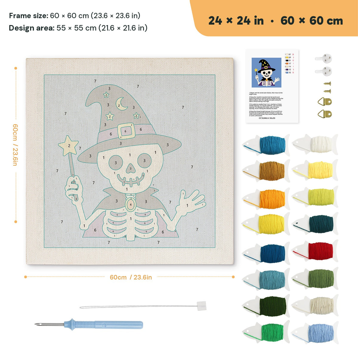 Skeleton Wizard punch needle kit, 24 × 24 in (60 × 60 cm): canvas size and kit contents