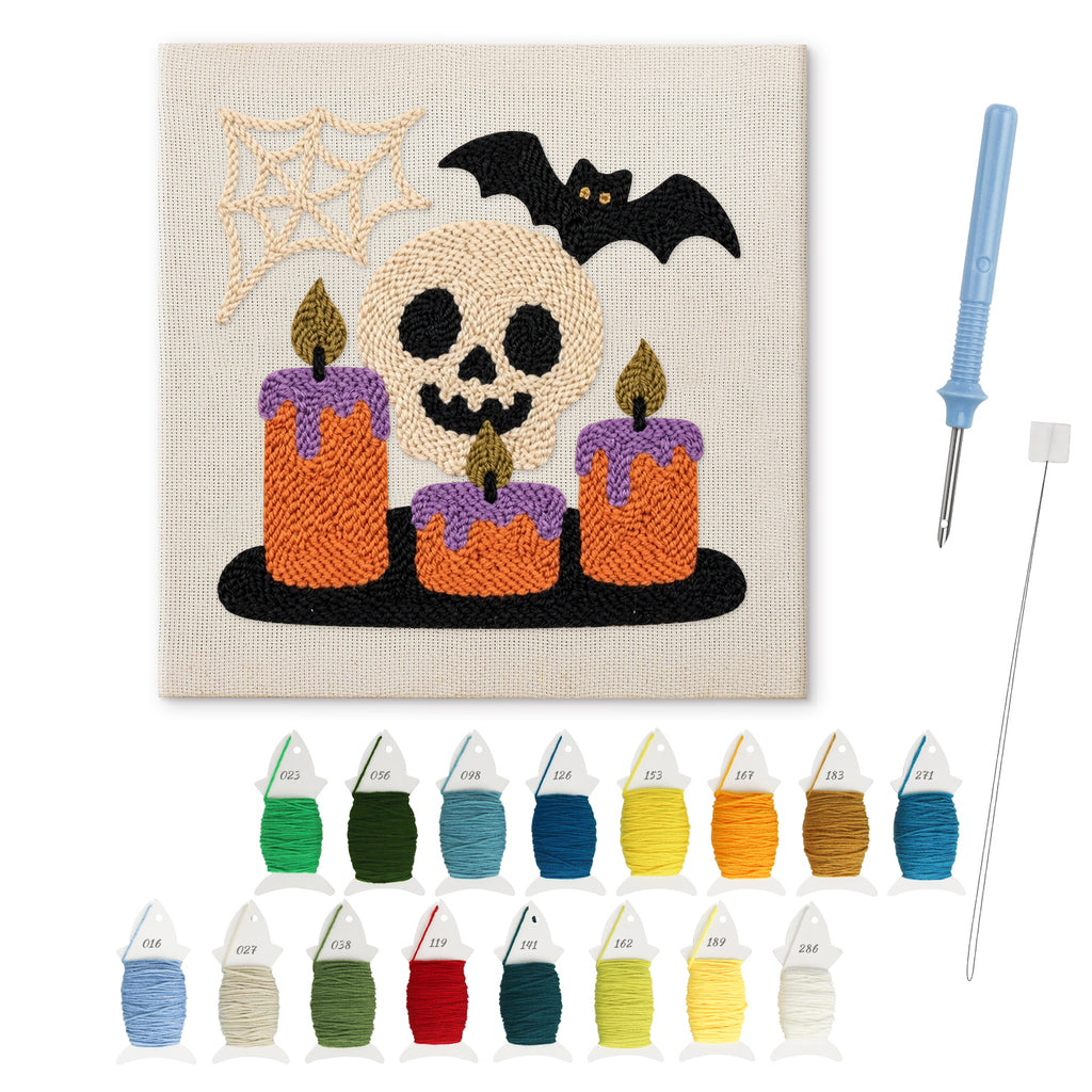 Skull and Candles punch needle kit: finished canvas with threads, punch needle and threader