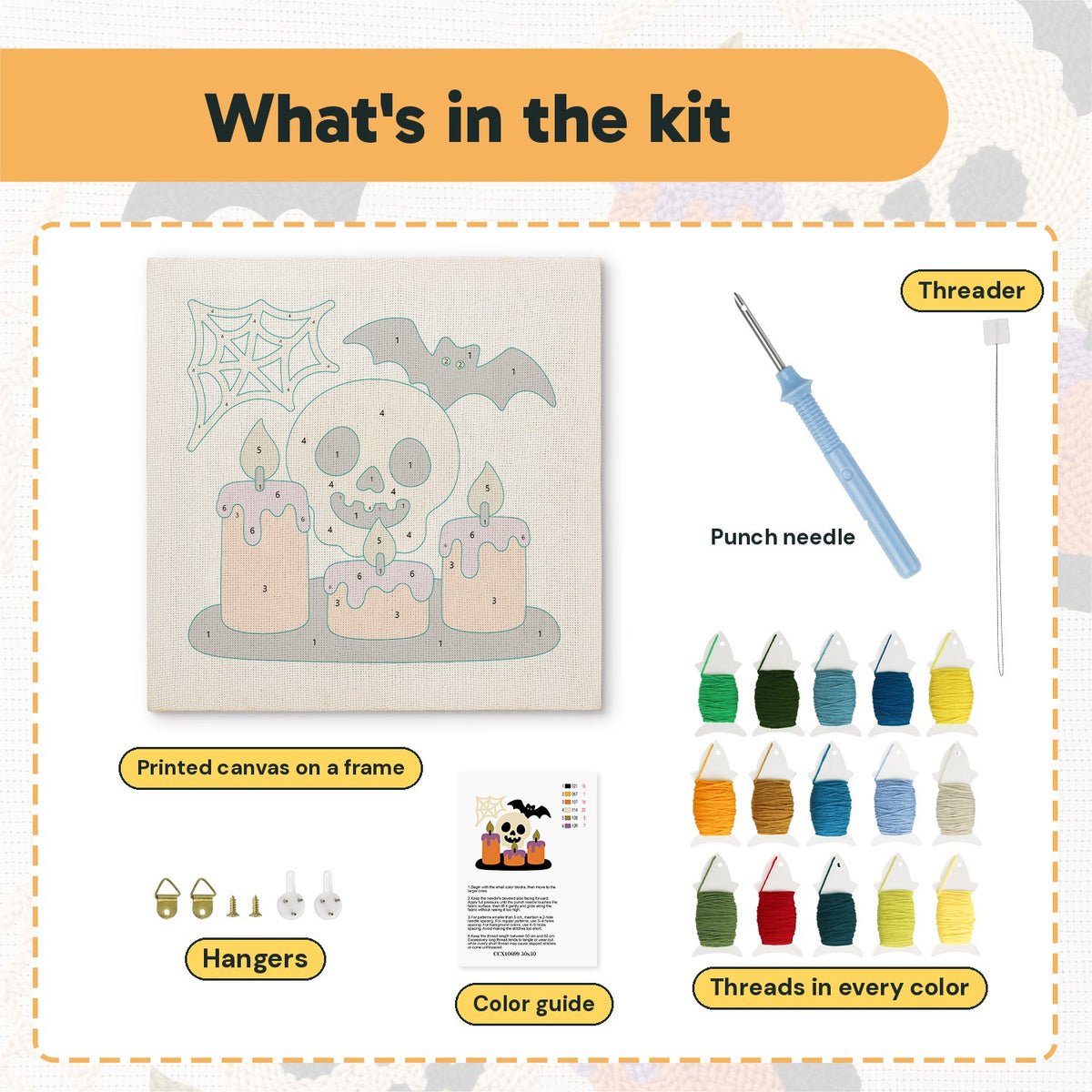 What is in the Skull and Candles kit: printed canvas, punch needle, threader, threads, color guide and hangers