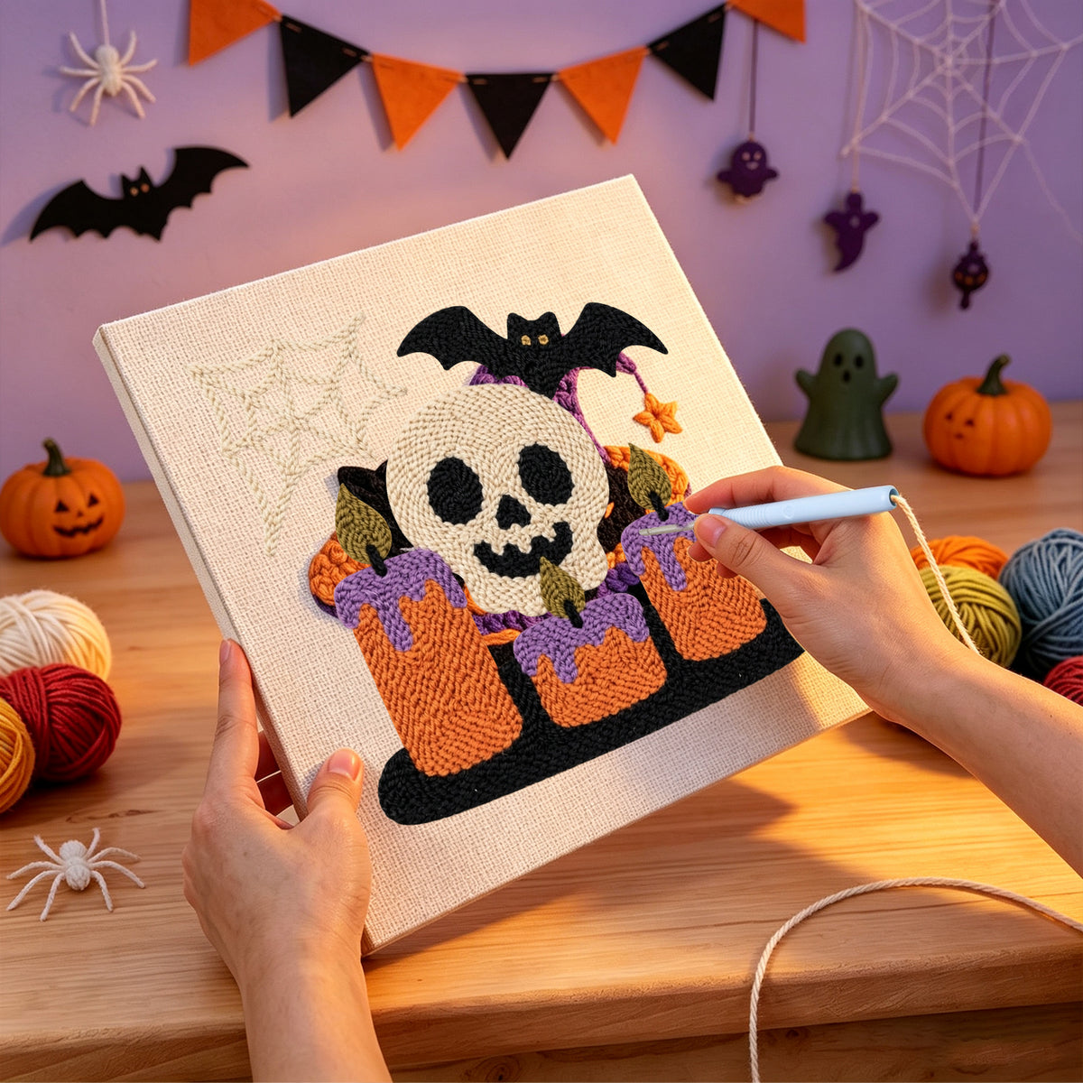 Punching the Skull and Candles design with the punch needle