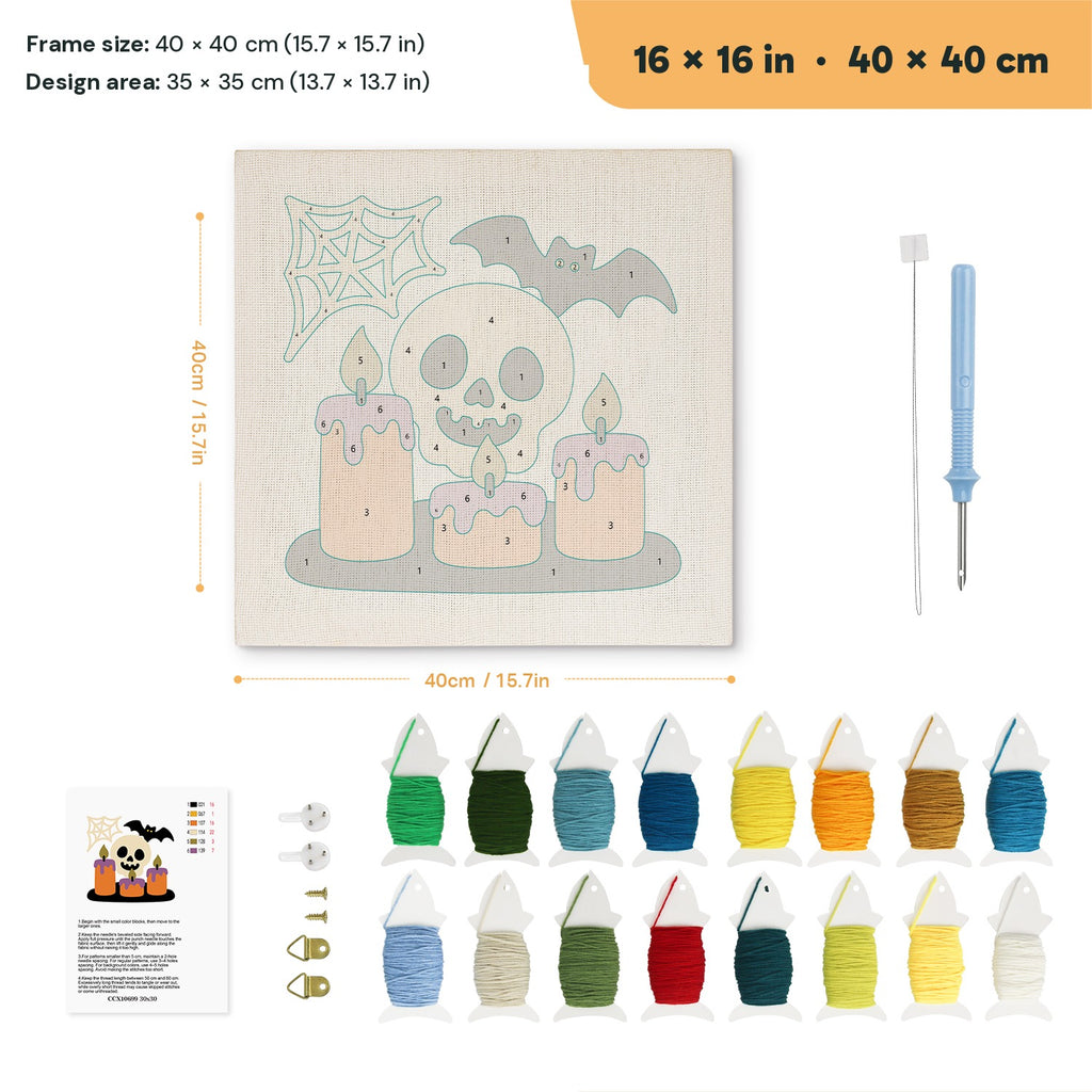 Skull and Candles punch needle kit, 16 × 16 in (40 × 40 cm): canvas size and kit contents