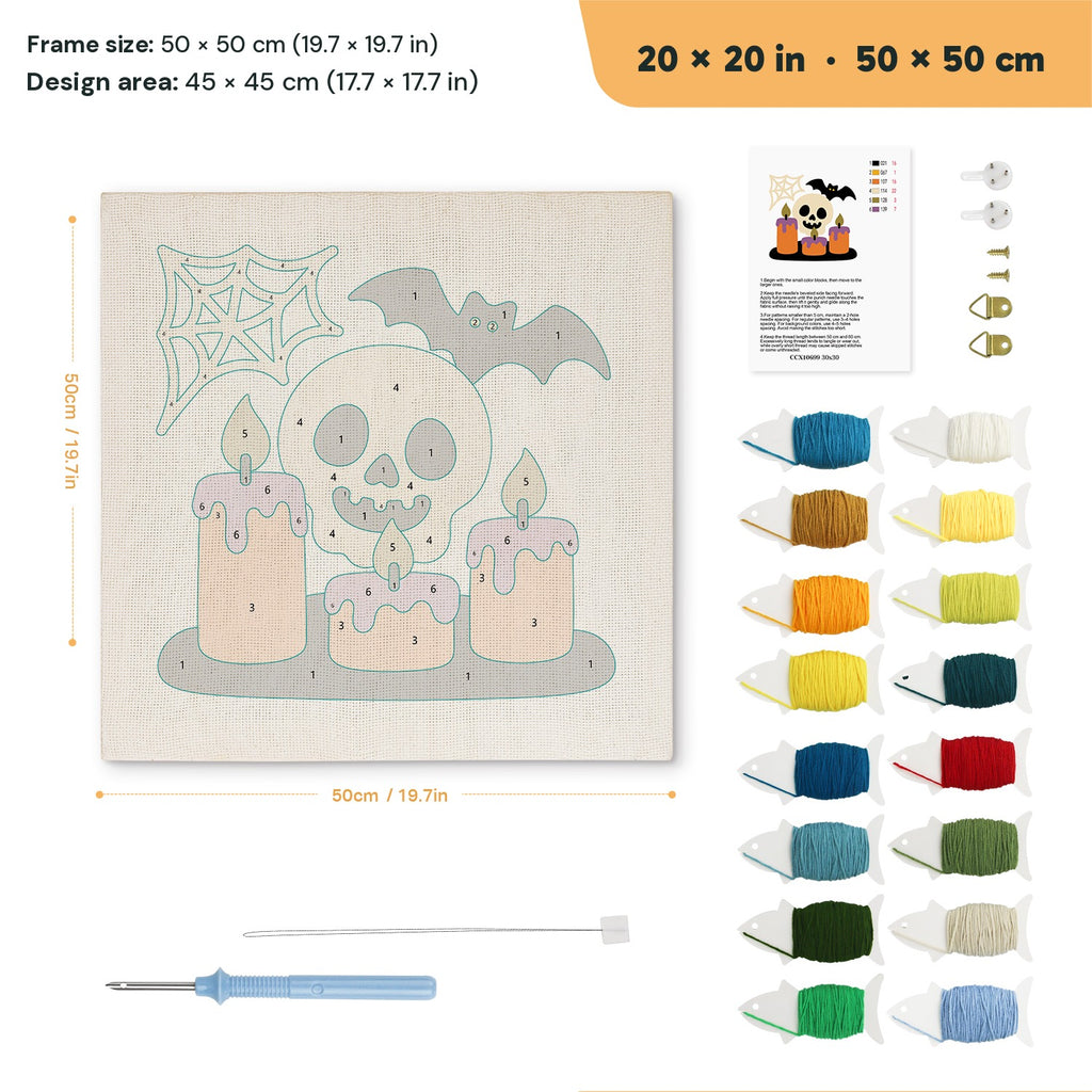 Skull and Candles punch needle kit, 20 × 20 in (50 × 50 cm): canvas size and kit contents