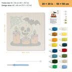 Skull and Candles punch needle kit, 20 × 20 in (50 × 50 cm): canvas size and kit contents
