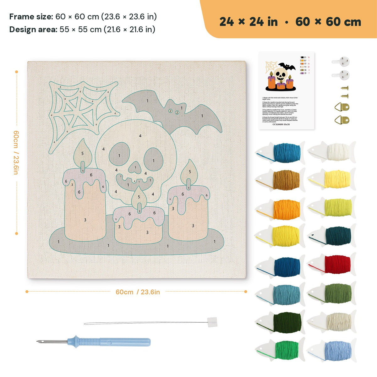 Skull and Candles punch needle kit, 24 × 24 in (60 × 60 cm): canvas size and kit contents