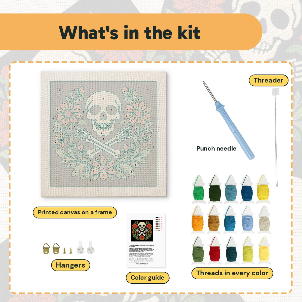 What is in the Skull and Floral Wreath kit: printed canvas, punch needle, threader, threads, color guide and hangers