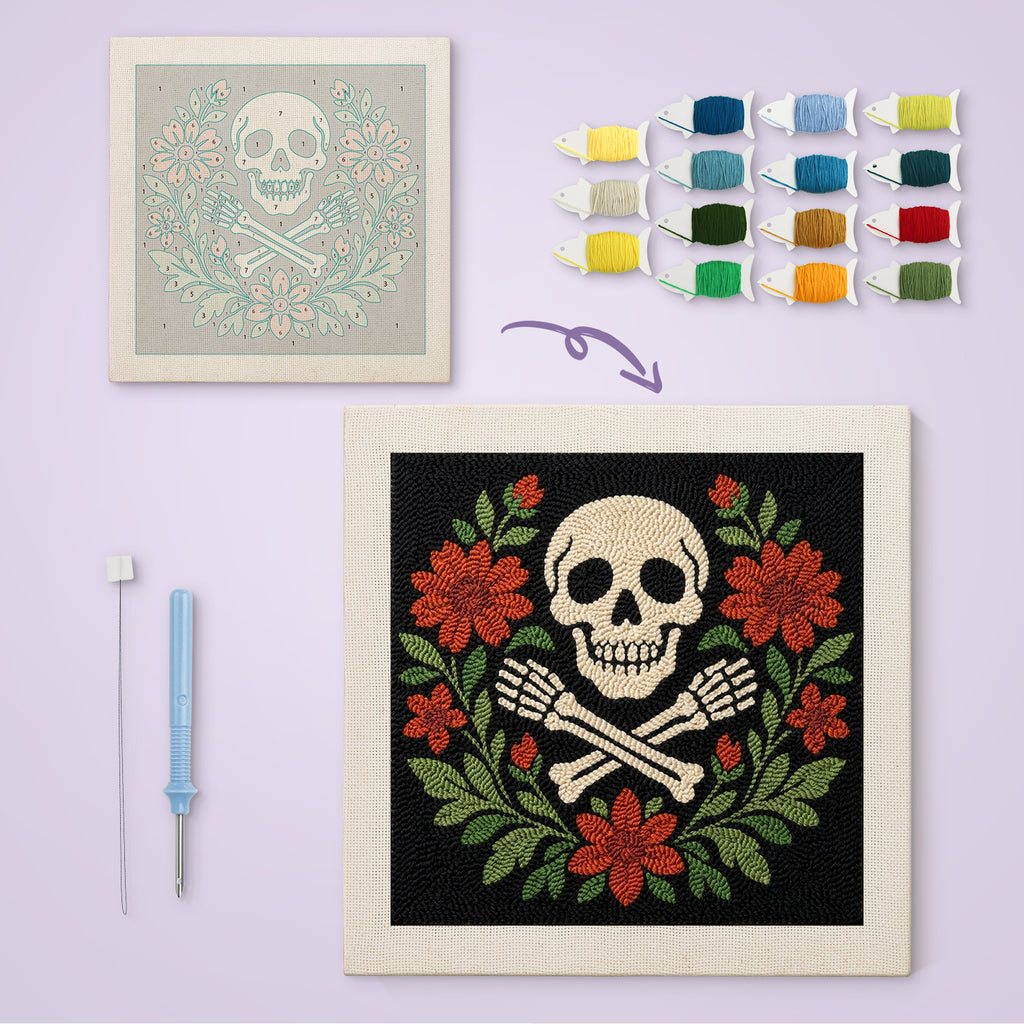Skull and Floral Wreath canvas before and after punching, with the threads and tools