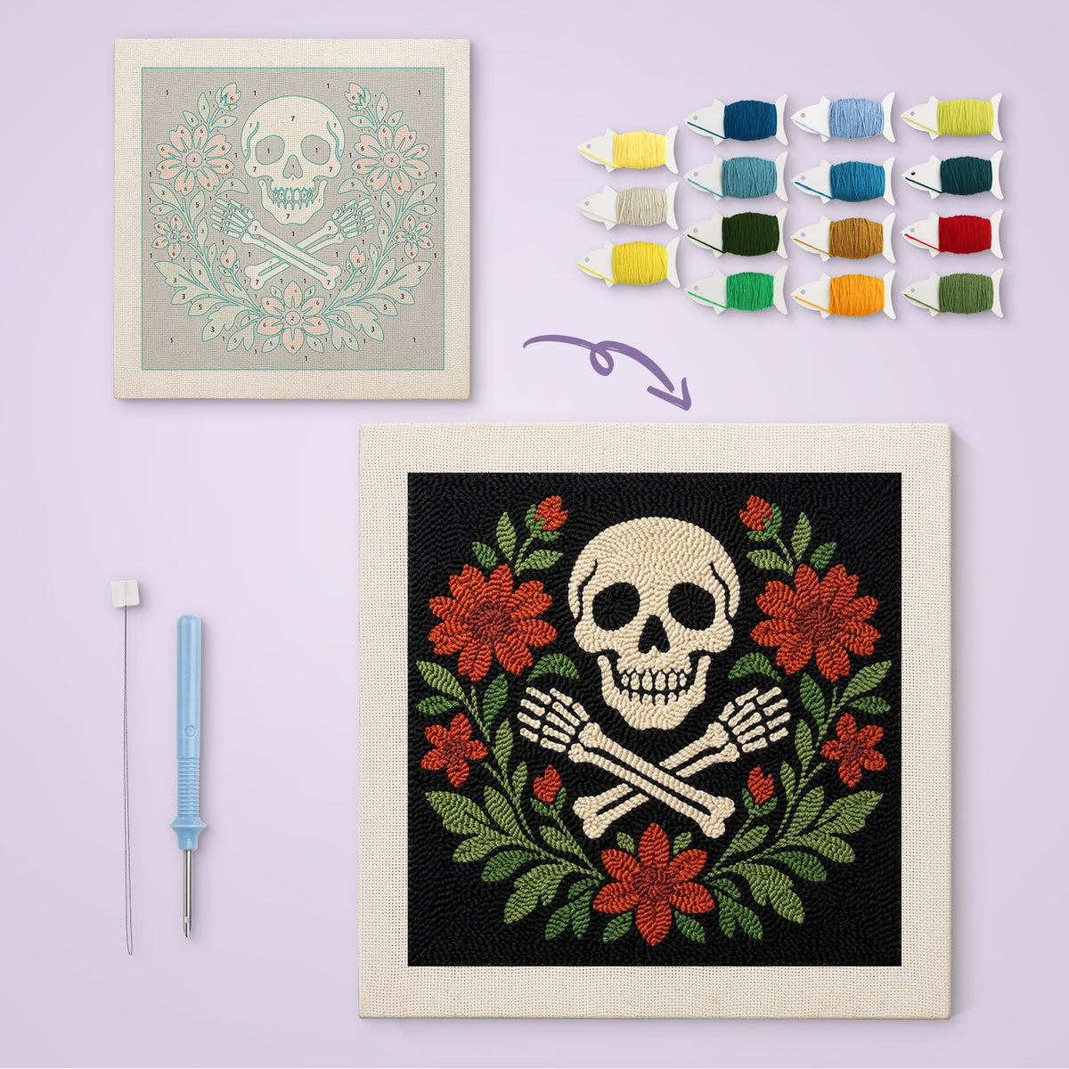 Skull and Floral Wreath canvas before and after punching, with the threads and tools