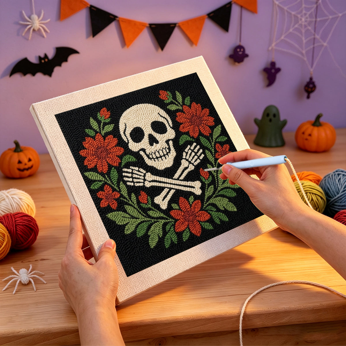 Punching the Skull and Floral Wreath design with the punch needle