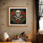 Finished Skull and Floral Wreath punch needle canvas on a wall