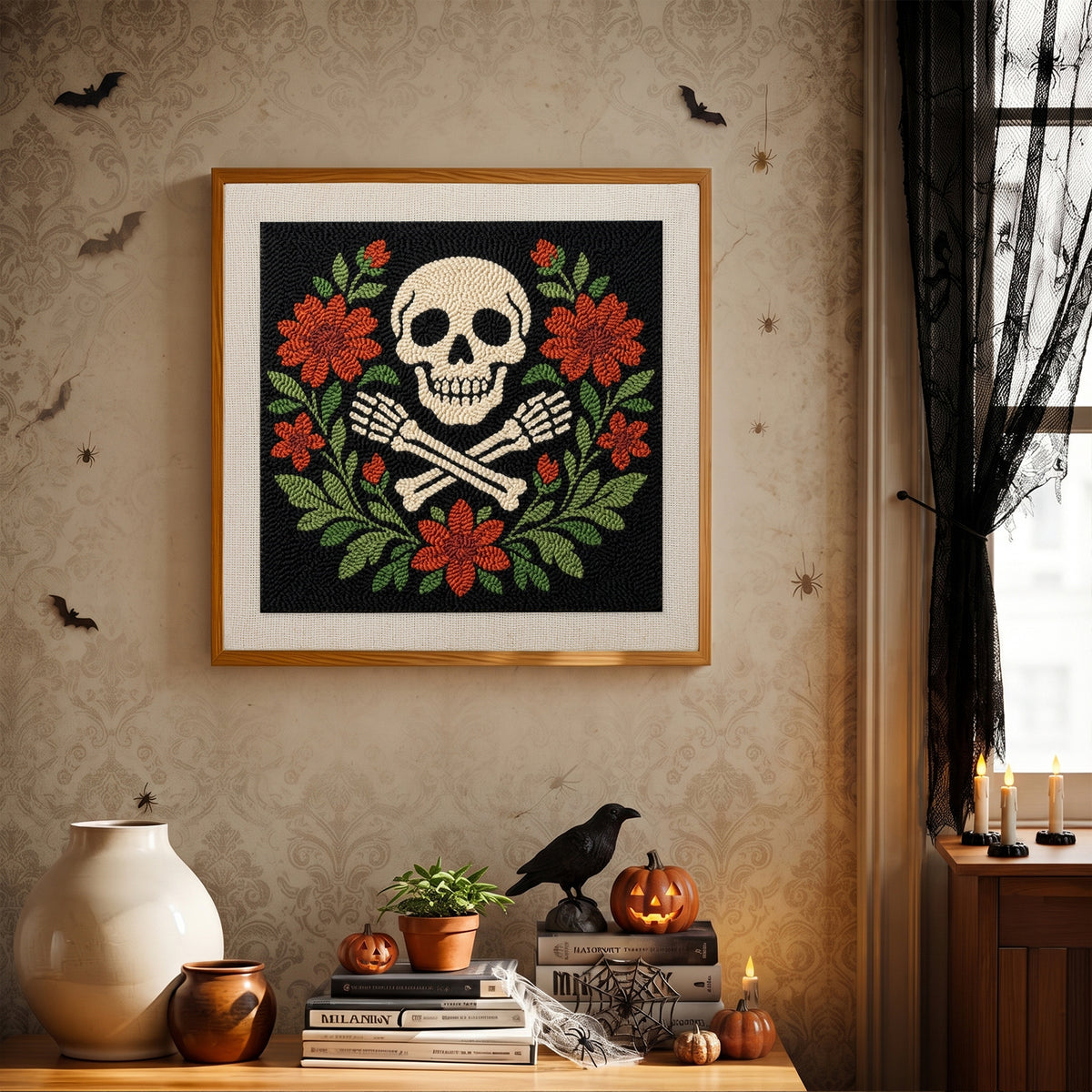 Finished Skull and Floral Wreath punch needle canvas on a wall
