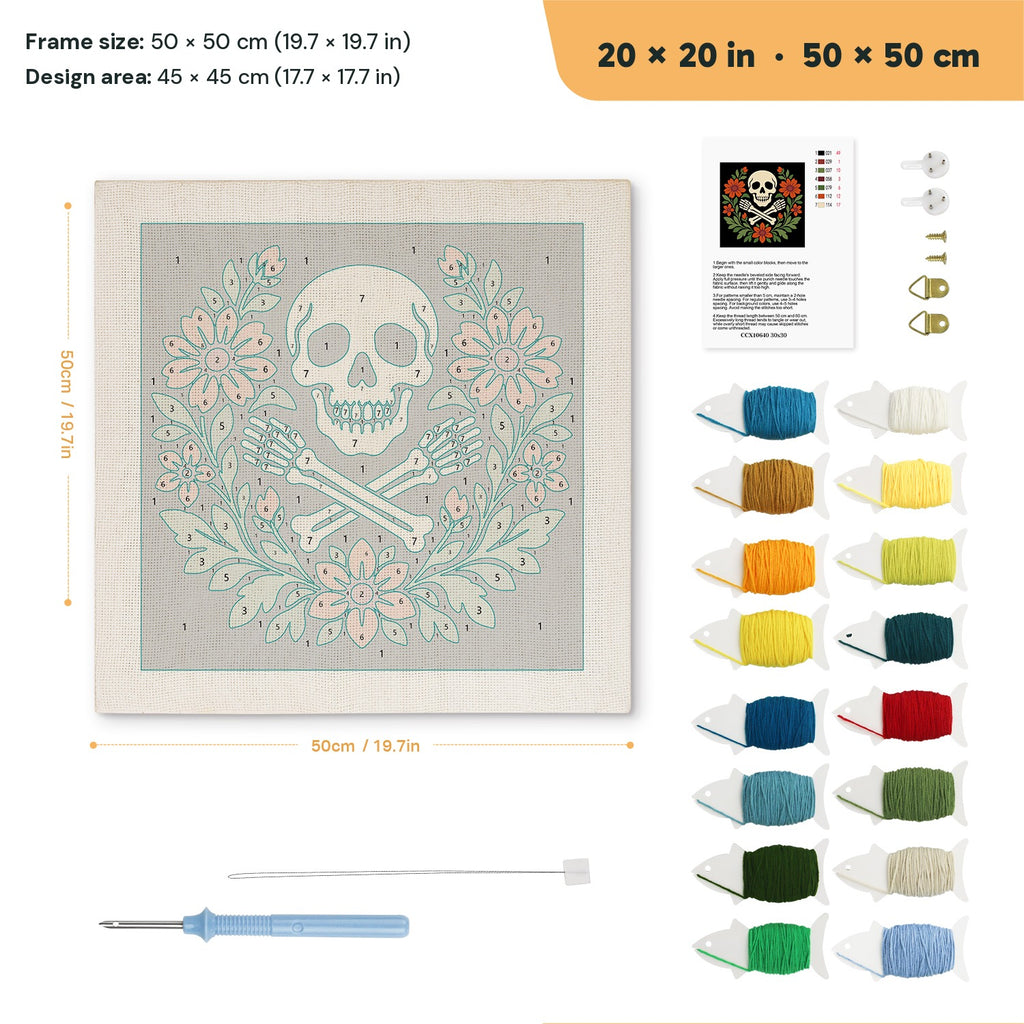 Skull and Floral Wreath punch needle kit, 20 × 20 in (50 × 50 cm): canvas size and kit contents