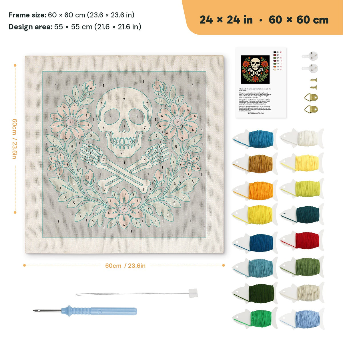 Skull and Floral Wreath punch needle kit, 24 × 24 in (60 × 60 cm): canvas size and kit contents