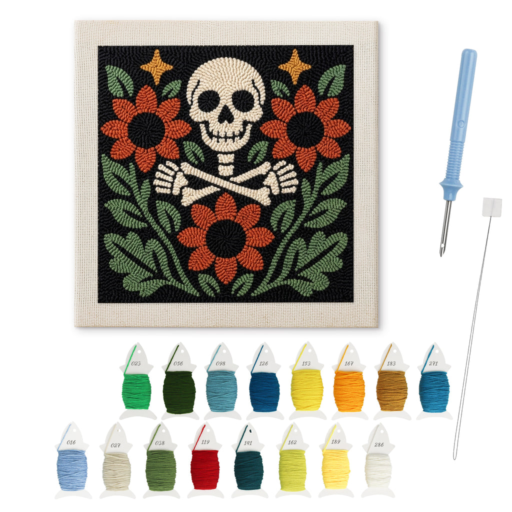 Skull and Sunflowers punch needle kit: finished canvas with threads, punch needle and threader