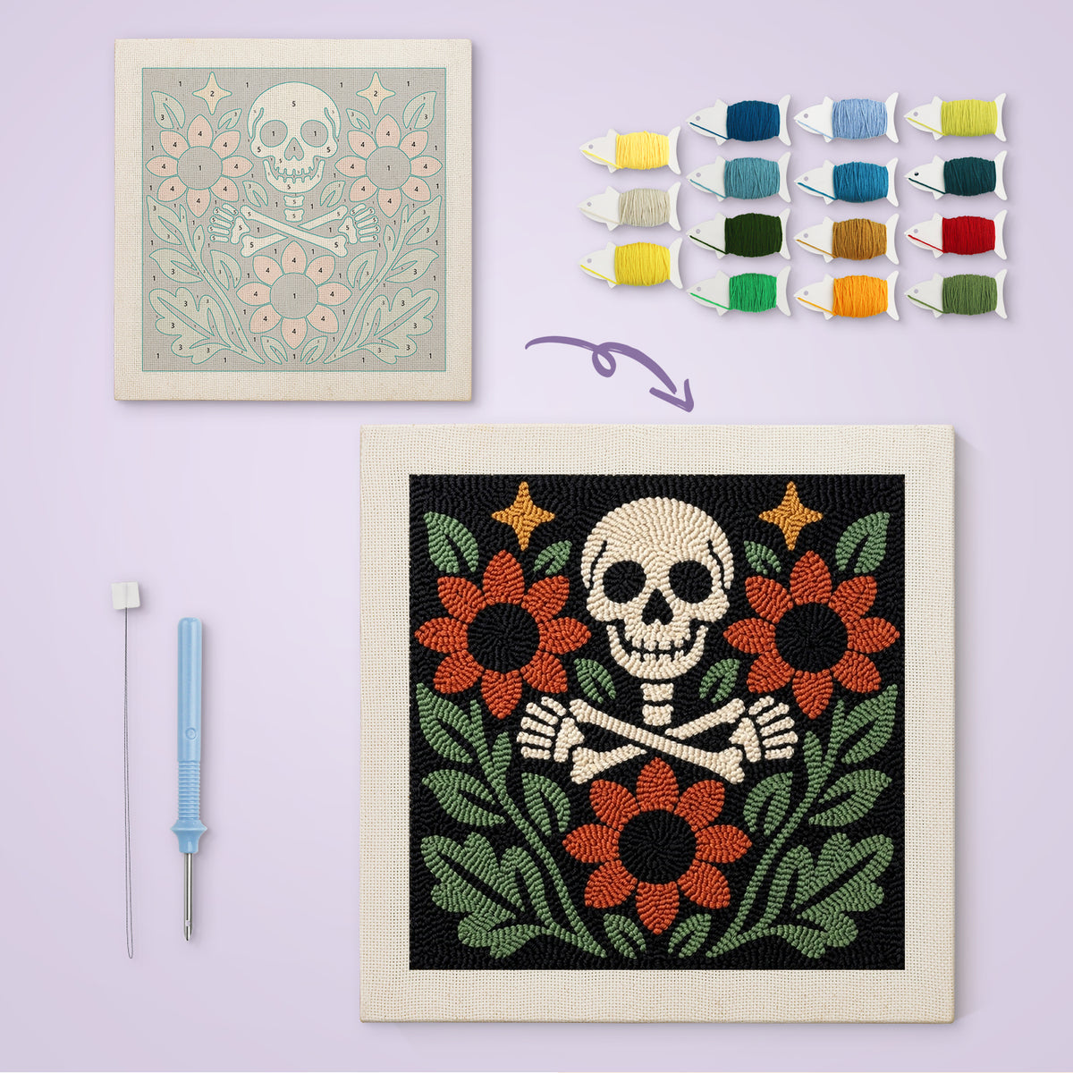 Skull and Sunflowers canvas before and after punching, with the threads and tools