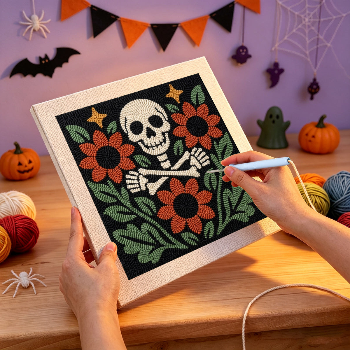 Punching the Skull and Sunflowers design with the punch needle
