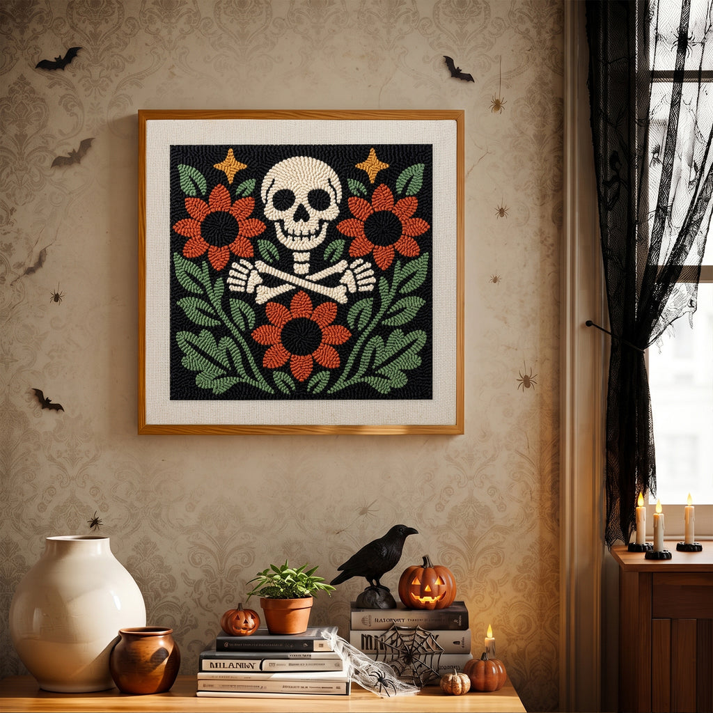 Finished Skull and Sunflowers punch needle canvas on a wall