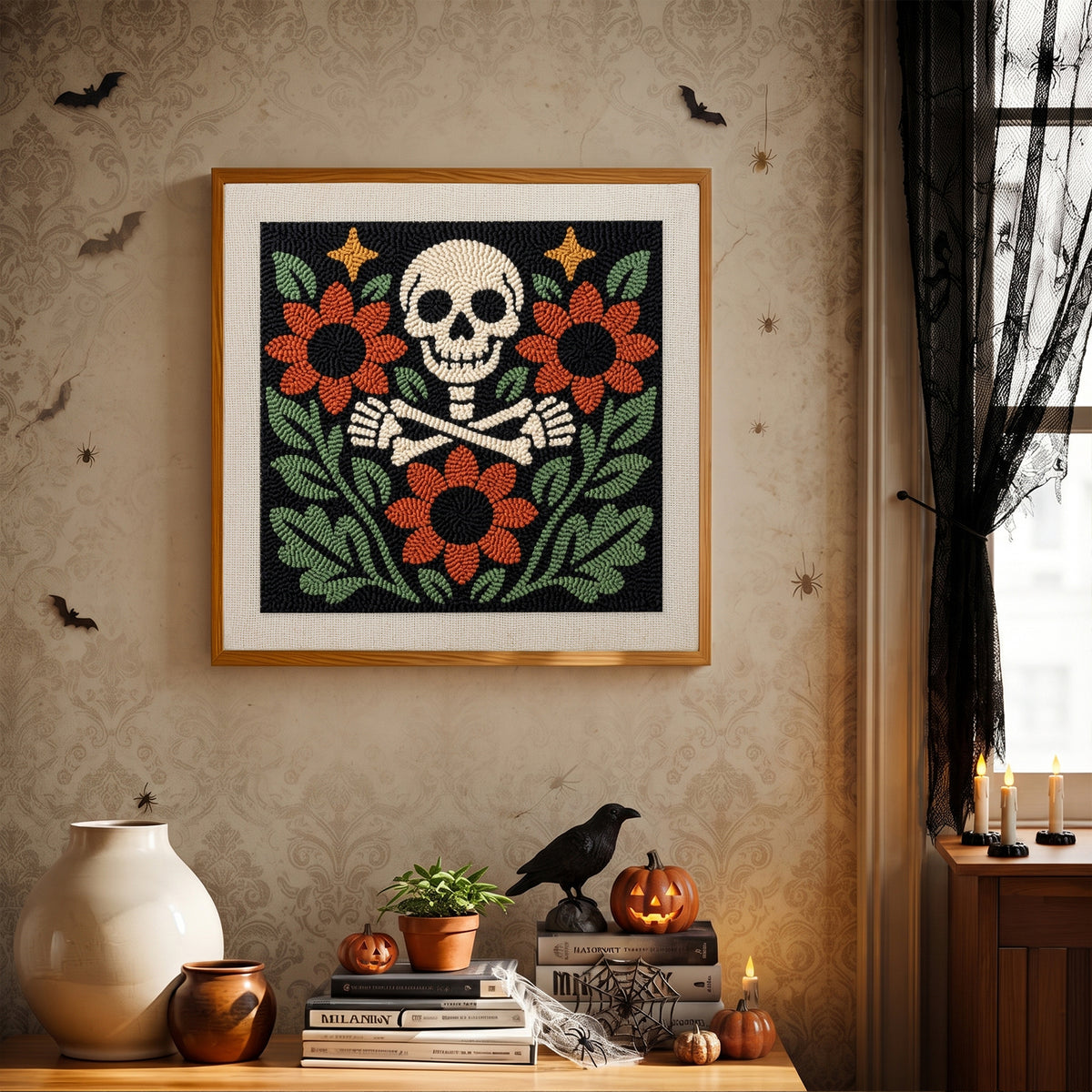 Finished Skull and Sunflowers punch needle canvas on a wall