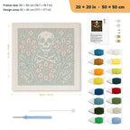 Skull and Sunflowers punch needle kit, 20 × 20 in (50 × 50 cm): canvas size and kit contents