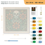 Skull and Sunflowers punch needle kit, 24 × 24 in (60 × 60 cm): canvas size and kit contents