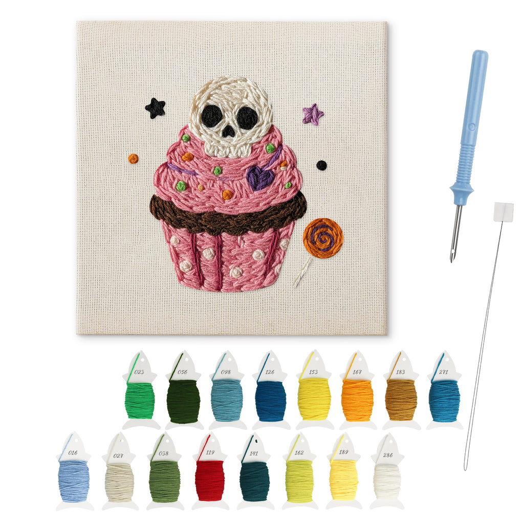 Skull Cupcake punch needle kit: finished canvas with threads, punch needle and threader